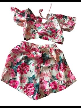 Women’s 2PC Floral Set Backless Bow Tie Crop Top Bell Sleeve Elastic Waist Short